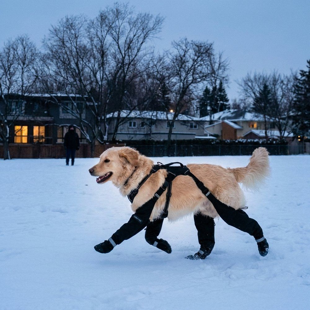 Golden Retriever running through snow in the full TundraLegs system