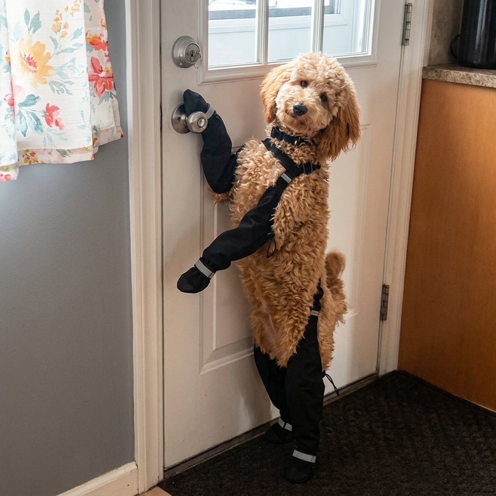 Goldendoodle wearing TundraLegs standing at the door