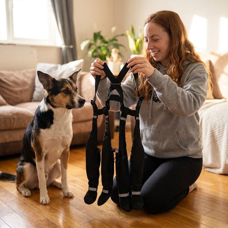Woman at home holding up the complete TundraLegs system — four boot legs hanging connected from one harness — while her dog looks on