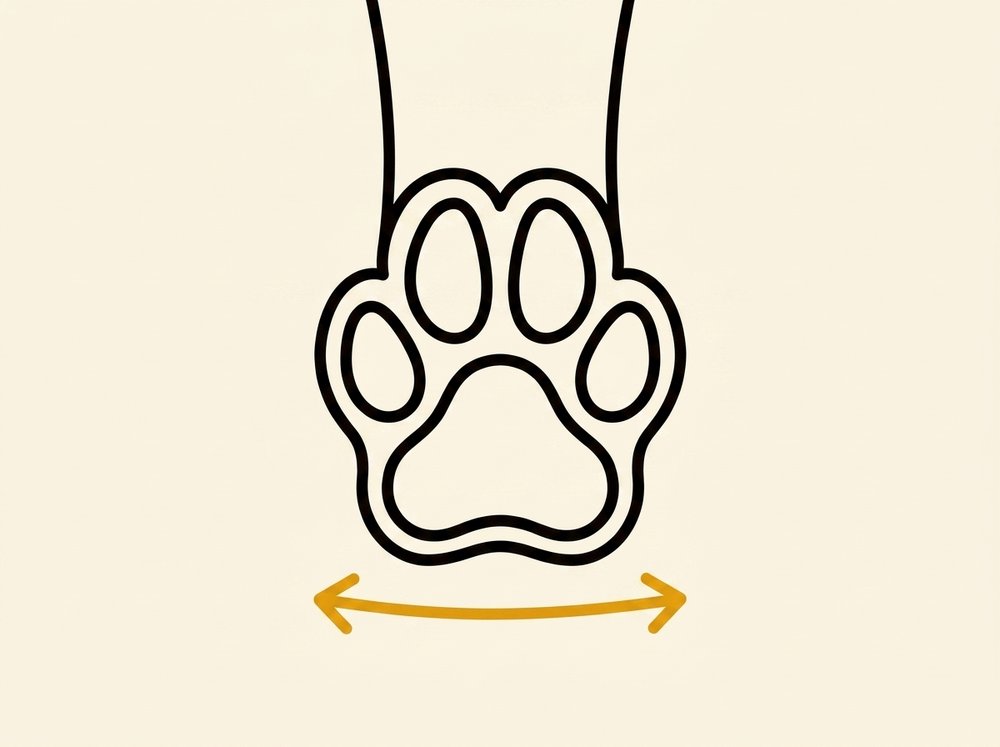 Diagram: dog paw seen from below with pads visible, arrow measuring edge to edge across the widest part