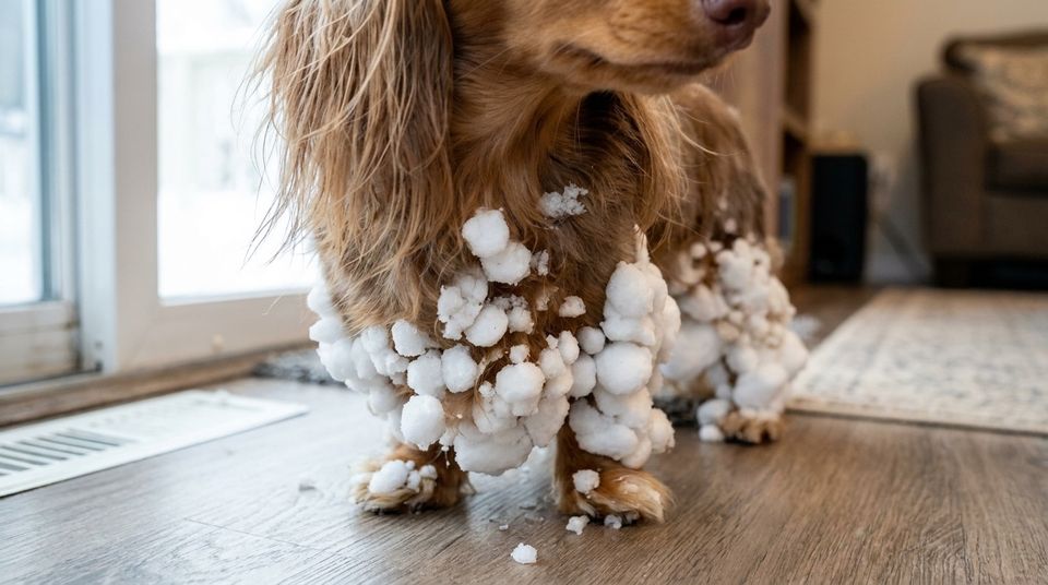 Long-haired dachshund indoors after a walk, its leg and chest fur densely matted with hard snowballs
