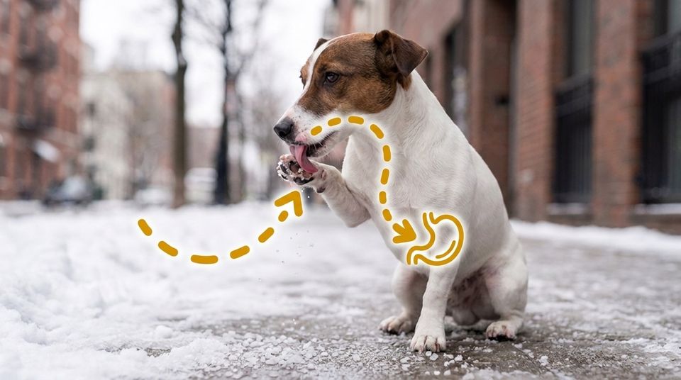 Dog licking road salt off its paw on a winter sidewalk — an illustrated path shows the salt traveling to its stomach