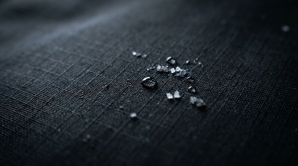 Macro of the black TundraSeal ripstop fabric — water beads and road-salt crystals sitting on the surface, unable to soak in