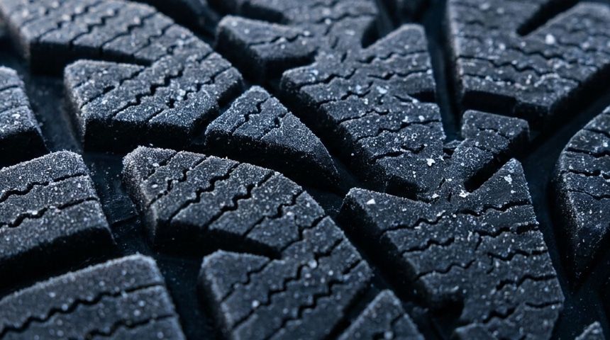 Extreme close-up of the winter-rated anti-slip sole tread — deep siped rubber lugs dusted with frost